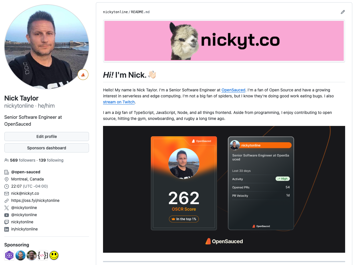 My GitHub README showcasing my OpenSauced Dev Card